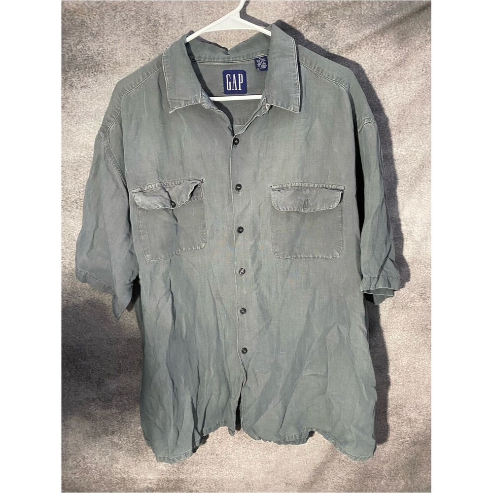 VTG 90s Gap Mens XL Linen Rayon Short Sleeve 2 Pocket Button Down Shirt Gray